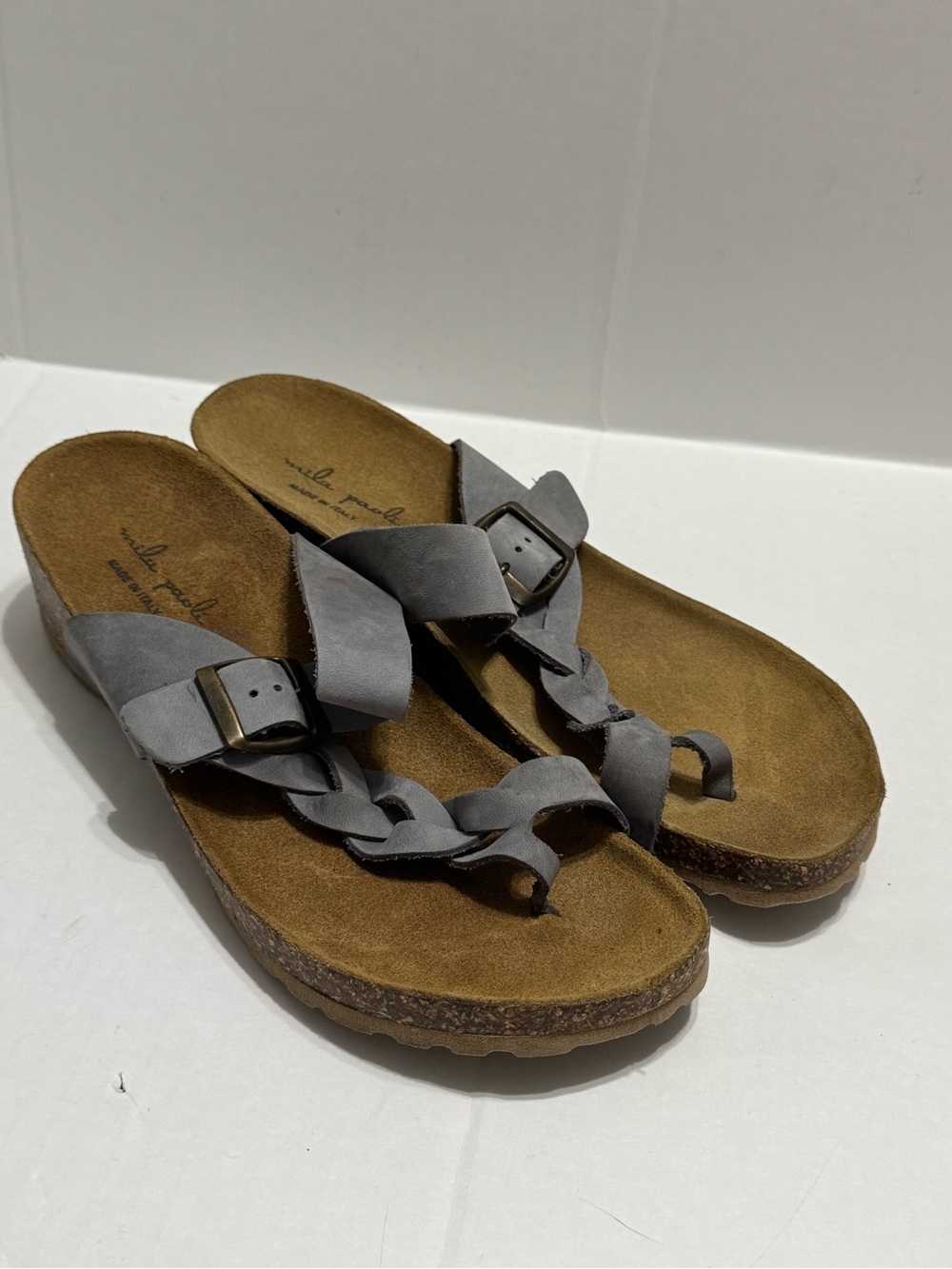 Mila Paoli Women's Gray Suede Braided Cork Wedge Thong Sandals